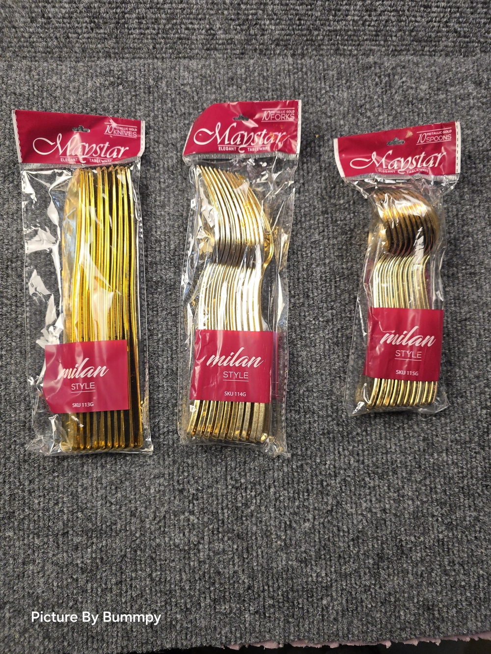Maystar Elegant Tableware "Milan Style" gold plastic spoons, forks & knives.
